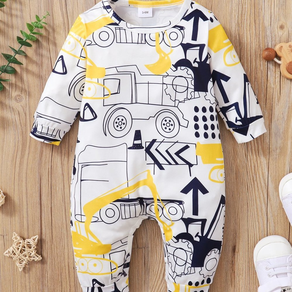 PatPat Cartoon Vehicle Print White Baby Long-sleeve Jumpsuit 3-6 months NWT